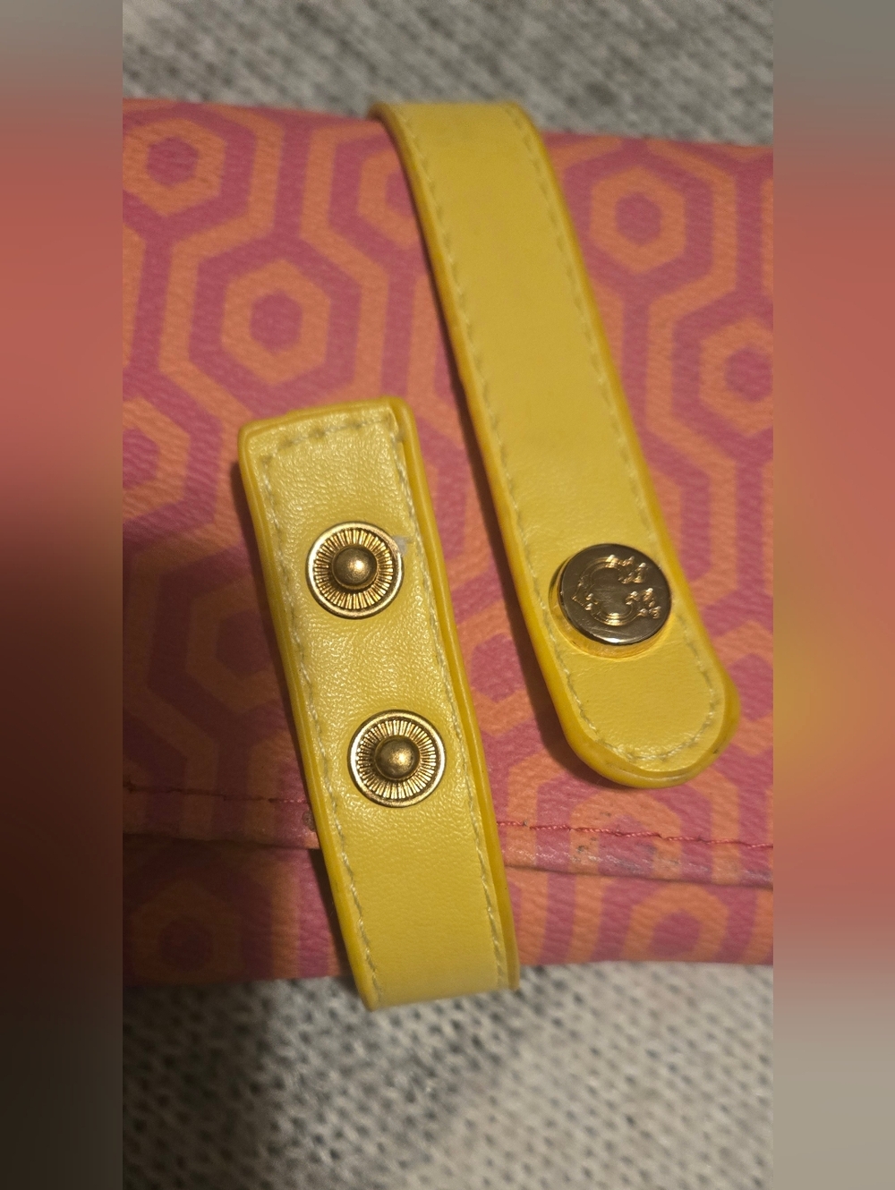Pink Geometric Foldover Jewelry Travel Bag with Yellow Strap - Picture 8 of 10
